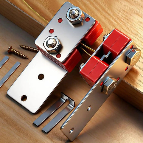 Heavy Duty Banding Strapping Tool With Ergonomic Handle for Fast Packing, showing metal components and screws on wooden surface