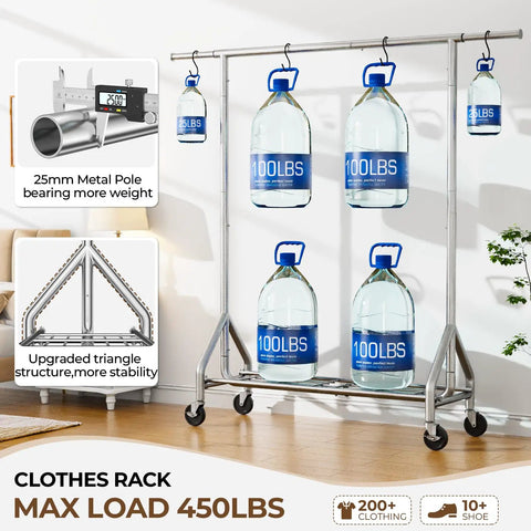 Built Like A Tank Heavy Duty Steel Rolling Clothes Rack Holds 450 Lbs with water bottles showcasing weight capacity.