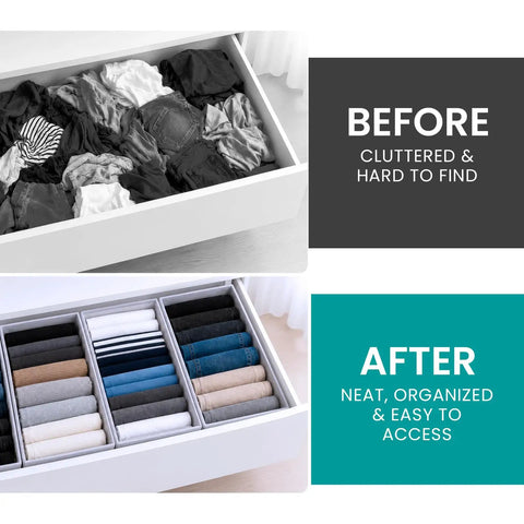 Deep Dresser Drawer Organizers 4 Pack Slick Fabric Closet Bins That Clean Up Messy Bedrooms Fits Like A Glove Game Changer Bedroom Setup No More Chaos Or Clutter Ever, before and after organizing.