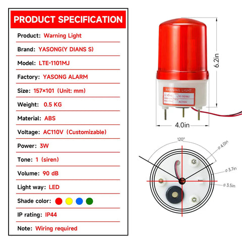 Detailed view of Heavy Duty Rotating Warning Light With Punchy 90Db Buzzer Red Industrial Beacon Alarm For Real Jobsites And Rig Gear 110V AC.