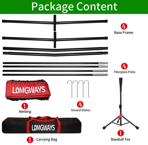 Portable 7x7 Baseball Practice Net For Batting Hitting And Pitching package contents including steel frame, poles, and carry bag