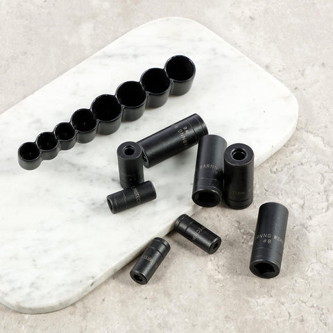 8 Piece Tap And Die Socket Adapter Set For Tight Spots 1/4 Inch And 3/8 Inch Taps Holder Sockets Kit on marble surface