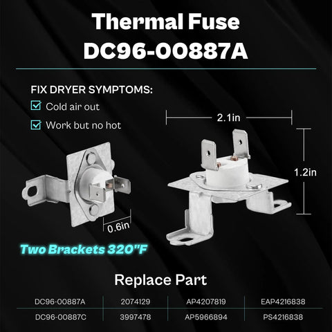 Thermal fuse DC96-00887A with two brackets for dryer repair, dimensions shown, fixes cold air or no heat issues.