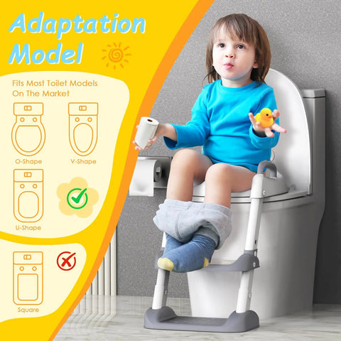 No Stress Toddler Potty Training Seat With Built In Step Stool Ladder And Heavy Duty Safety Handles, child using with adjustable height.