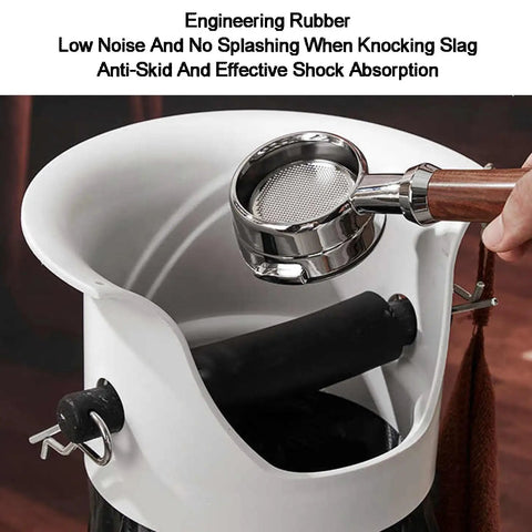 Close-up of White Matte Knock Box for Espresso Machines showing engineering rubber base for low noise and effective shock absorption.