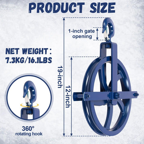 Heavy Duty Two Pack Scaffold Hoist Pulleys With Smooth Glide 12 Inch Solid Cast Iron Gin Wheels Rated 1000 Lbs showing size dimensions and 360° hook.