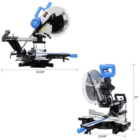 Heavy Duty Pro Grade Sliding Compound Miter Saw With 12 Inch 80 Tooth Blade And 15 Amp Motor Delivers Dual Bevel Versatility Dead On Laser Guide That Nails Wood Decking Panels Flawlessly, side view with dimensions 33-5/8" x 27".