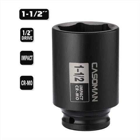 Beefy 1/2 Inch Drive Deep Impact Socket 6 Point Axle Nut Socket 1-1/2 Inch SAE CR-MO Steel with Black Phosphate Finish