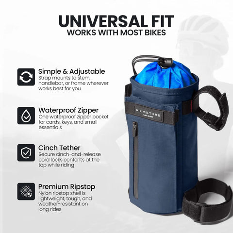 Cosmic Blue 1.6L Adjustable Handlebar Stem Bag With Zipper Pocket Weather Resistant Ripstop Secure Cord on display.