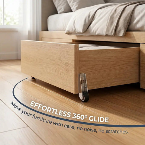 No Drama Heavy Duty Vertical Roller Wheels For Sliding Barn Doors Silent Rubber Bottom Guides Precision Bearings One Hundred Ten Pound Capacity Eight Pack Garage Ready, shown on smooth wooden drawer.