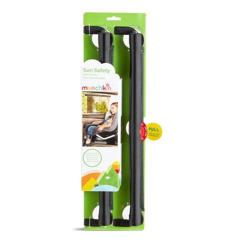 Premium Car Window Sun Shades For Toddlers: Roll-up shades packaging design, featuring two retractable car window shades.