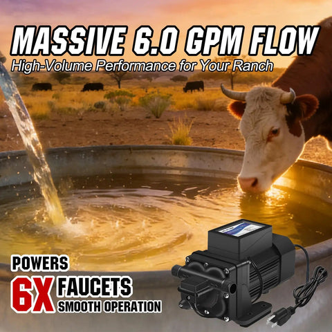 Beefed Up Heavy Duty 110V Brushless Diaphragm Water Pump Self Priming Four Chamber 6 GPM At 55 PSI with cow in background.