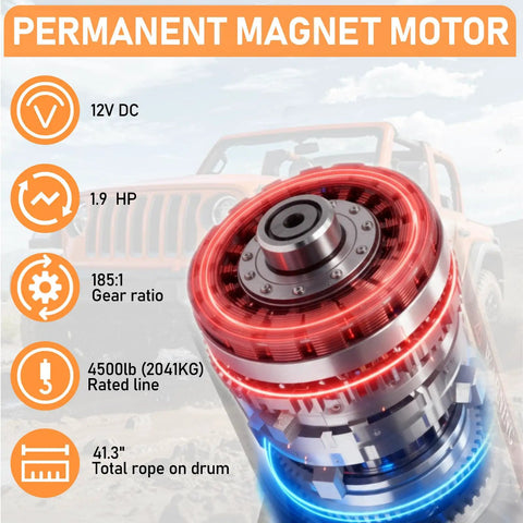 4500lb Electric Winch With Synthetic Rope For Off Road Recovery 12V DC Motor With Serious Torque 185 To 1 Gear Ratio Three Stage Planetary Drive Auto Braking For Power Outages 41.3 Ft Rope, motor specs