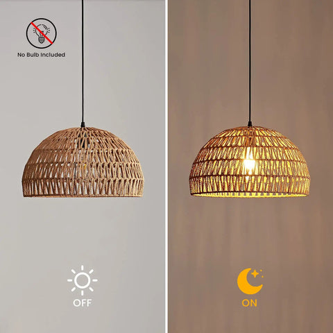 Boho Rattan Pendant Lamp With Hand Woven Wicker Rope Shade Dome Ceiling Basket Chandelier LED Industrial Hanging Light For A Cozy Farmhouse Kitchen Living Room Or Bar E26 Base 16x9.25 Inch showing light on and off