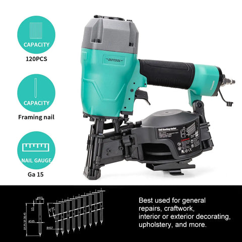 CN45C 15 Degree Roofing Nailer Pneumatic Coil Nailer For Three Quarter Inch To One And Three Quarter Inch Nails Perfect For Shingles Cedar Roof Sheathing Siding Floor Underlayment 120 Piece Load Capacity shown with specifications and uses
