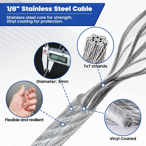 Diagram of One Eighth Inch Wire Rope Kit With 100 Ft Vinyl Coated Stainless Cable, showing 7x7 strands and vinyl coating details
