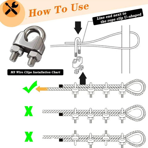 How to use guide for 1/8 Inch Stainless Steel Wire Rope Kit With 100 Feet Vinyl Coated Cable, showing wire clip installation steps.