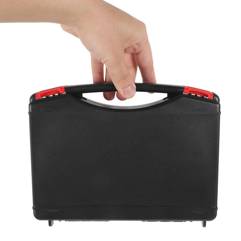 Hand holding a Small Hard Shell Plastic Toolbox Featuring Heavy Duty Multi Compartment Tool Organization And Secure Travel Storage With Hella Tough Durable Construction And Sweet Portable Gear Layouts from the back.