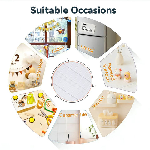 Image displaying suitable surfaces like glass, metal, and plastic for Super Grippy Removable Glue Dots For Diy Crafts And Home Decor Total Game Changer Formula Clean Peel No Residue Clear Adhesive Sheets For Sweet Simple Crafting.