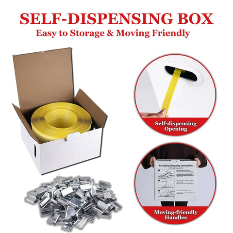 Badass Heavy Duty Poly Strapping Banding Kit With Ratchet Tensioner Hand Sealer Steel Seals And 2600 Foot Polypropylene Roll in self-dispensing box.