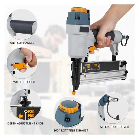 Reliable Pneumatic Brad Nailer Gun With Precision Depth Trigger Feather Touch Ergonomics, showing adjustable depth knob and switch trigger.