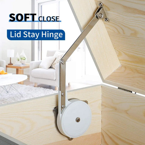 Lid Stay Hinge With Soft Close Safety Lid Support for toy boxes and kitchen cabinets, installed in open wooden cabinet.