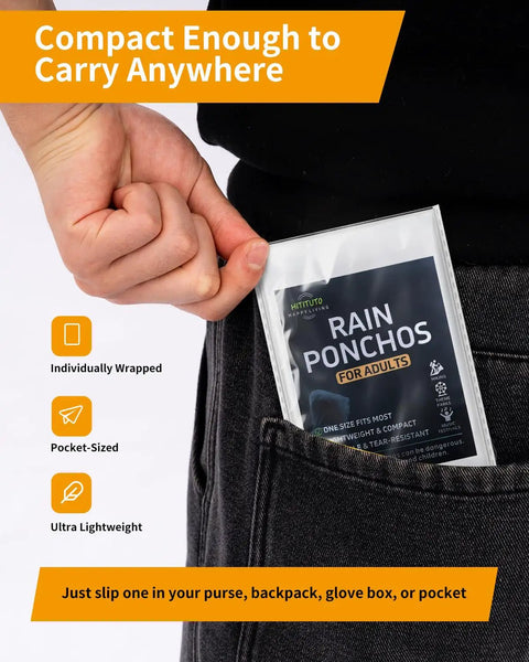 Pocket-sized pack of Extra Long Adult Rain Ponchos With Hood, Disposable Waterproof Rain Gear 6 Pack For Concerts, Hiking, Camping.