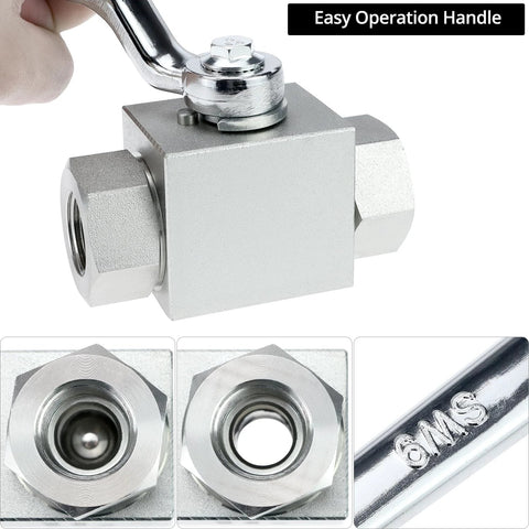 QWORK hydraulic ball valve, 1/2 in NPT, 7250 PSI high‑pressure, 2‑way shut‑off, silver metal body with lever handle