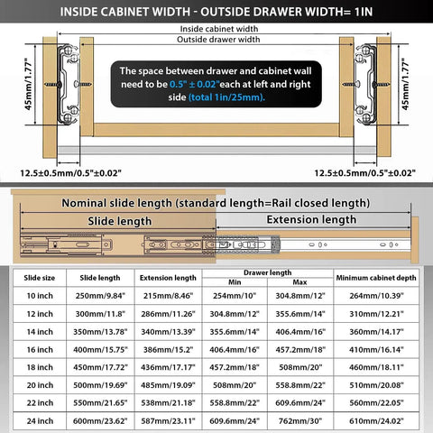 Heavy Duty Stainless Steel Soft Close Drawer Slides Full Extension Smooth Glide Cabinet Hardware 10 Inch Pair sizing chart.