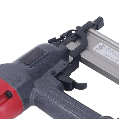 Close-up of the Straight Shooting Pneumatic Brad Nailer and Air Stapler 2 in 1 design with ergonomic grip and quick-release latch.
