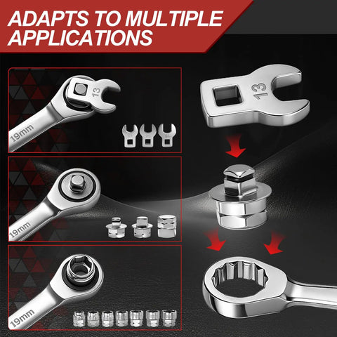 Universal Serpentine Belt Ratcheting Tool Set 15 Piece Pro Grade Belt Tensioner Kit with wrenches and sockets shown