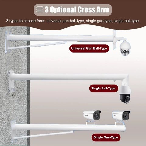Extendable Outdoor Security Camera Pole Mount 4ft-6.6ft, Universal Bracket For Surveillance Cameras, showing 3 optional cross arms