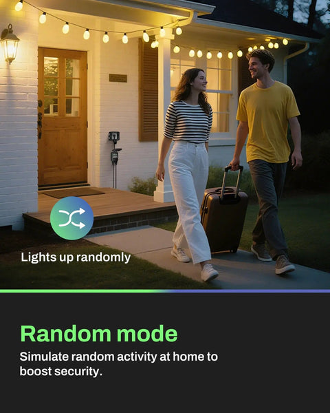 Couple walking with suitcase at night, lights on house feature Outdoor Heavy Duty Digital Programmable Timer With Two Grounded Outlets.