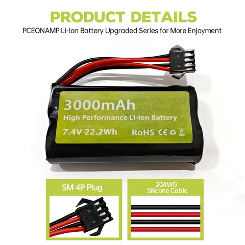 Two Pack Seven Point Four Volt 3000 mAh 15C 2S Li Ion Battery With SM 4P Plug And USB Charger for RC Vehicles