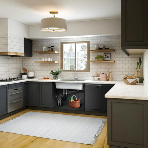 Modern kitchen with 3/4 HP Quiet Garbage Disposal For Home Kitchens, Continuous Feed Food Waste Disposer With Power Cord Included