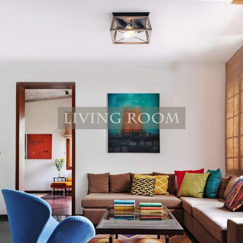 Living room with Retro Industrial Farmhouse Rectangle Flush Mount Ceiling Light Fixture With Wood Shade Two Light