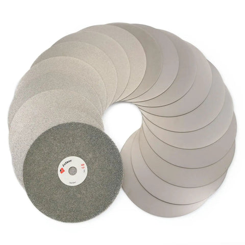 Heavy Duty Six Inch 2000 Grit Diamond Grinding Disc For Gemstone Glass And Rock Polish Tough As Nails For Knockout Lapidary and Hobby Crafting Projects stacked in a circular arrangement.
