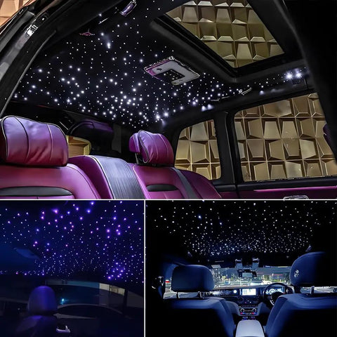 Interior of car with Dual Head RGBW Fiber Optic Light Kit For Home With App Control, Twinkle And Music Modes, Star Ceiling Sky Light installed.