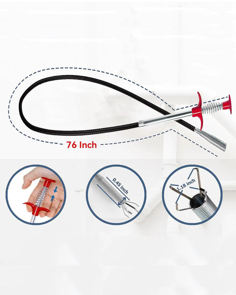 76 Inch Drain Snake With Flexible Grabber Claw For Sinks, Showers And Tubs, Handy Hair Removal Tool For Tight Spaces, Fast Clog Busting And Deep Clean In Narrow Pipes