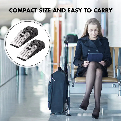 Two Pack Door Stop Alarm Security Tool with 120dB Siren for Home Travel and Apartment Portable Safety Gadget shown in airport.