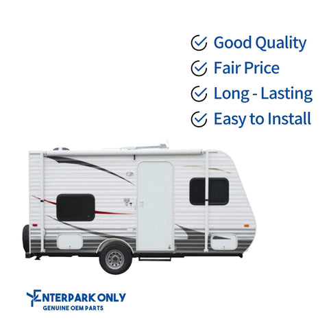 White RV trailer representing products for RV, including Blower Motor With Capacitor Replacement For RV Furnace And HVAC Air Handler Units.