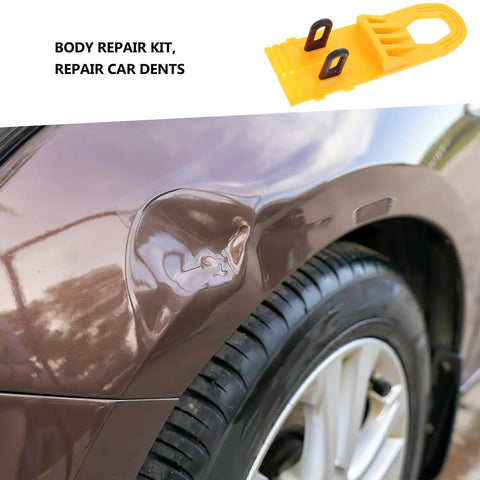 Professional Grade Paintless Dent Removal Kit Featuring Sturdy Pullers And Strong Glue Tabs To Knock Out Dinged Up Bumpers Fenders And Hoods Restore Your Banged Up Ride Clean Now with yellow puller on car dent.