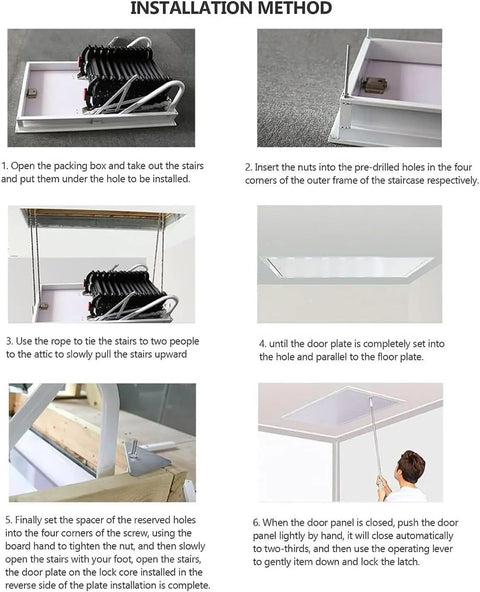 Top Shelf Electric Attic Ladder With Slick Pull Down Action And Heavy Duty Titanium Magnesium Alloy Frame Featuring Secure Handrail For Easy Loft Or Ceiling Access In A Clean Hidden Storage Fold installation guide steps shown in six images.