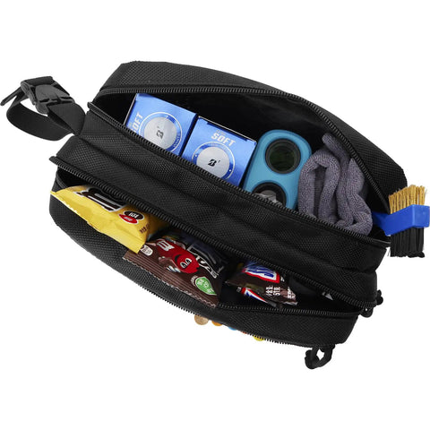 Open Go To Golf Pouch Bag For Balls And Valuables With Hook And Loop Front Panel Detachable Tee Holder And Motivation Patches
