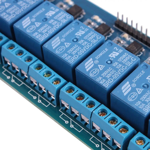 8 Channel 5V Relay Module For Arduino And Raspberry Pi With Low Power Draw, High Current 10A Rating, Easy Plug And Play Interface For Home Automation And Projects, Broad Microcontroller Compatibility, blue relay board close-up