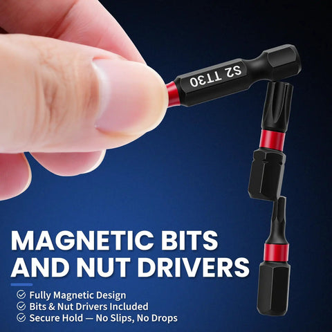 Close-up of S2 steel bit from All In One 86 Piece Magnetic Impact Nut Driver And Bit Set with text 'Magnetic Bits and Nut Drivers'.