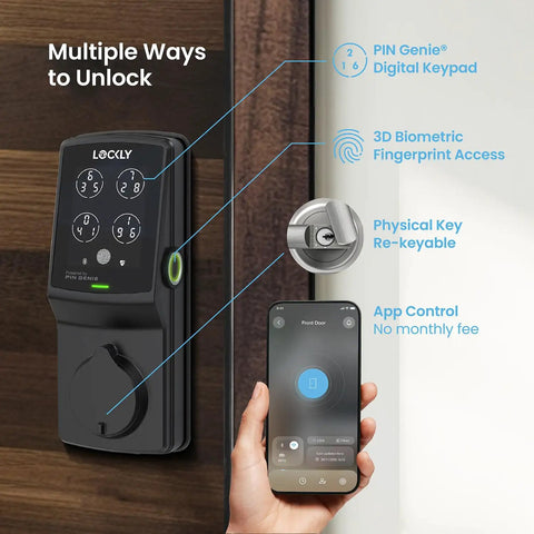 Badass Smart Deadbolt With Integrated Wifi Hub Featuring Quick Biometric Scanner And Rolling Digit Keypad For Smooth Keyless Entry showing pin keypad and app control.