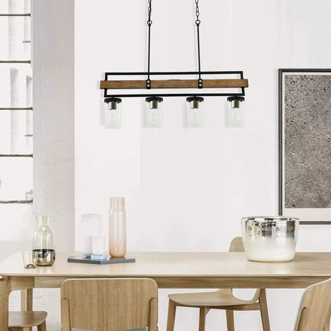 4 Light Farmhouse Kitchen Island Pendant Light With Black Metal And Wood Finish, 36 Inch Linear Hanging Chandelier over dining room table