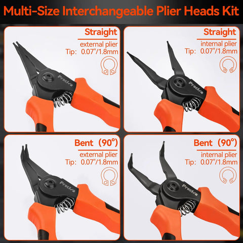 Multi-size interchangeable plier heads kit showing straight and bent options for Snap Ring Pliers Set For Internal And External Circlips Beefy Build 4 Jaw Options Straight And Bent Heavy Duty Retaining Ring Pliers For Bearing Installation And Removal Durable Carbon Steel With Rust Resistant Finish.