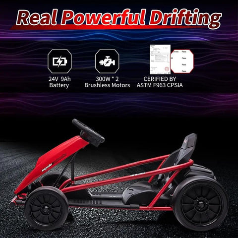 12V Kid Friendly Go-Kart With Dual 300W Brushless Motors, Drift-Ready Electric Kart in red, side view showing design details